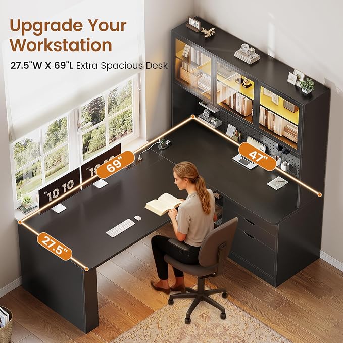 SEDETA L Shaped Corner Gaming Desk with 3 Wood Drawer and Large Bookshelf | L Shaped Computer Desk with LED Light, Display Cabinet and Pegboard for Home Office, 27.5" W Large Desktop Table, Black - Image 3
