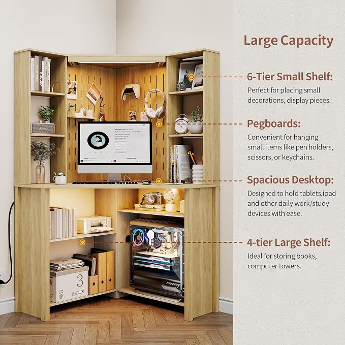 HNEBC Home Office Desk with Power Outlet & Chariging Station,L-Shaped Corner Desk with Pull-Out LED Lights,Computer Desk with Hutch & 10 Shelves,Pegboards for Work & Study,Natural - Image 6