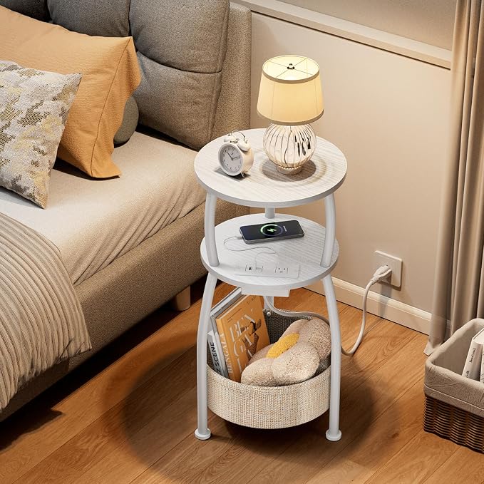 Side Table with Charging Station, Small Round End Table with Basket - Image 4