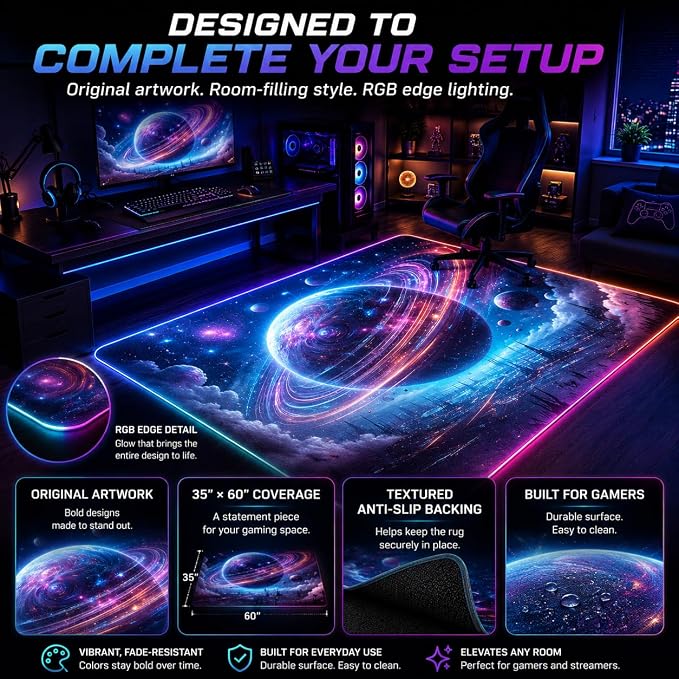 Gaming Rug RGB LED Light (3x5 Cosmic Ring) - Bedroom Gamer Rug Floor Mat Gaming Decor - Kids Room Rug Anti Slip Mat for Gamer Chair – Play Game Room Décor for Teen, Boys, Kids - Image 4