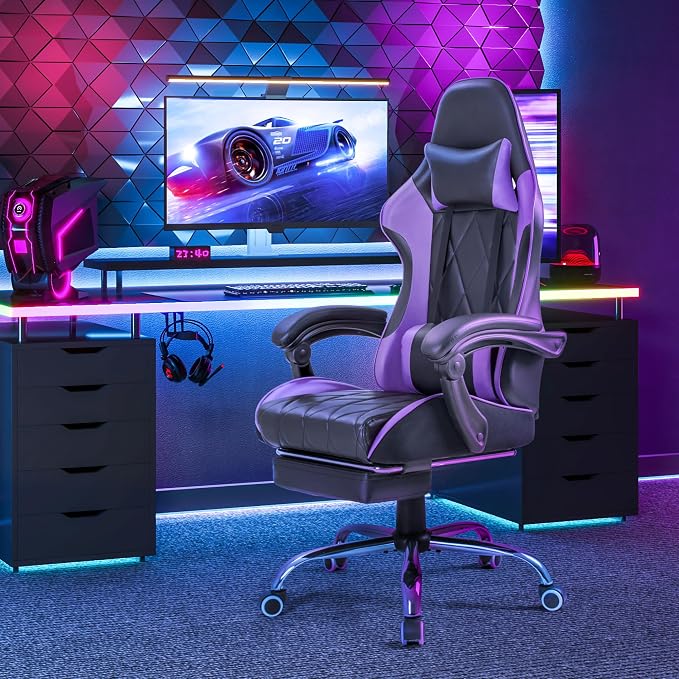 Homall Gaming Chair, Computer Chair with Footrest and Massage Lumbar Support, Ergonomic High Back Video Game Chair with Swivel Seat and Headrest (Purple) - Image 7