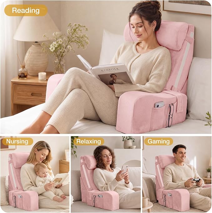 Sasttie 15-25 inch Adjustable Reading Pillow with Armrests, Pink | Back Rest Pillow with Secure Side Straps, Memory Foam Back Support Cushion Bed Chair for Reading, Gaming & Relaxing - Image 9