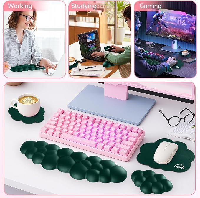 Sushret Cloud Wrist Rest for Computer Keyboard and Mouse Pad Set,Dark Green | Memory Foam, Leather, 4-in-1 Cloud Keyboard Wrist Rest Set with Ergonomic Support for Arm and Palm Cushion, Gaming/Work Setup - Image 7