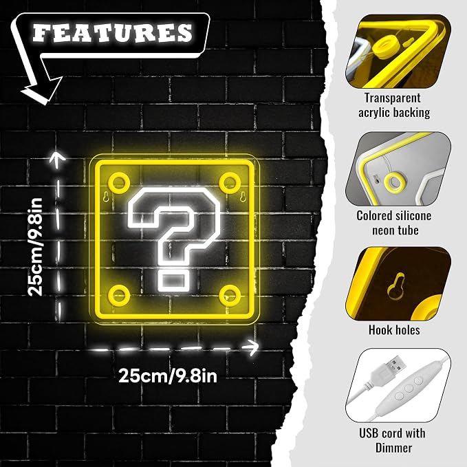 Question Block Neon Sign,Dimmable Question Square Neon Light for Game Room,Man Cave,Kids Room Wall Decor,USB Powered Led Night Lights Gamer Gifts for Boys, Kids - Image 3