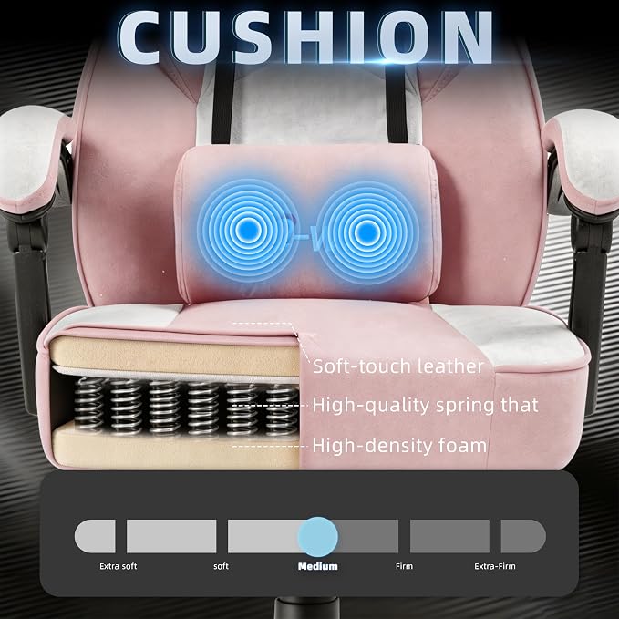 Shintenchi Big and Tall Gaming Chair Fabric Pocket Spring Cushion, High Back Recliner with Footrest and Headrest for Adults, Massage Lumbar Support for Home Office, Ergonomic Computer Desk Chair, Pink - Image 5