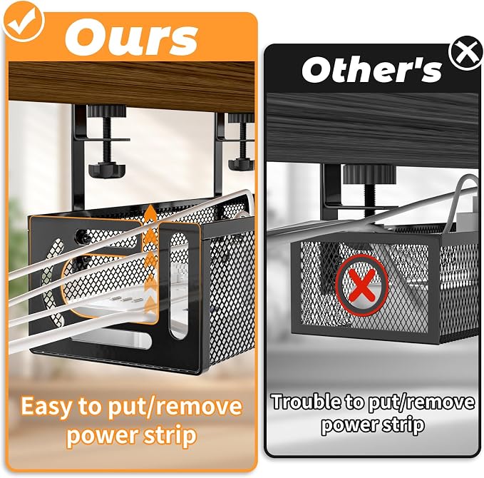 Under Desk Cable Management Tray, 15.7'' No Drill Steel Desk Cable Organizers, Wire Management Tray Cable Management Rack (2 Packs-Black) - Image 2