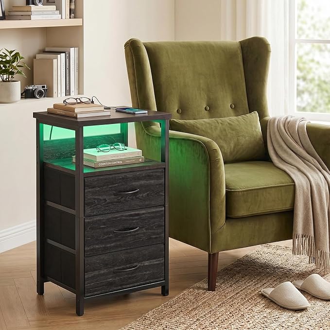 Fixwal Night Stand with 3 Fabric Drawers, Nightstand with Charging Station - Image 7