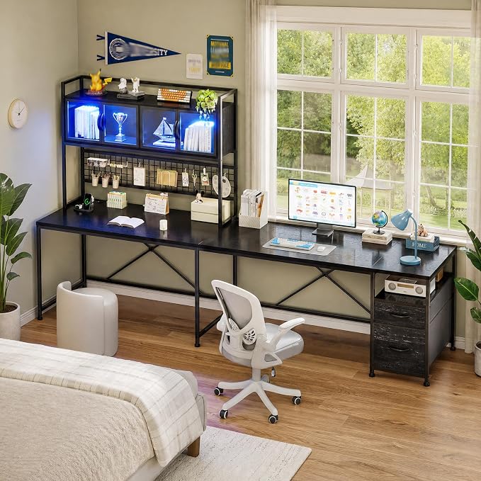 DurayLoly 67" L Shaped Gaming Corner Desk with LED Light, Hutch,Black | Reversible Computer Desk with 2 Drawers,Storage Shelves,Pegboard with 3 Hooks,Power Outlet for Home Office,Bedroom - Image 7