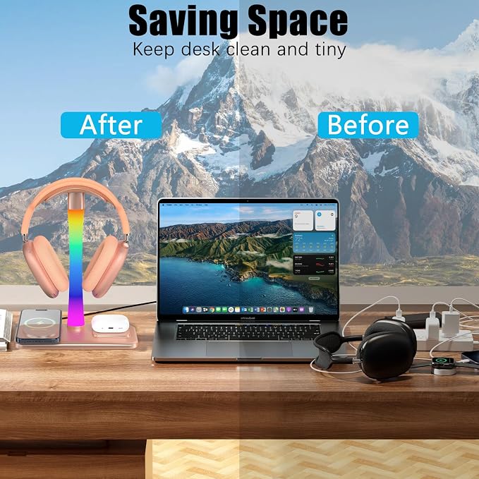 Headphone Stand with Wireless Charger,Gaming Headset stand with RGB Light Mode,For Airpod Max Stand Compatible with Airpod Pro/3/2,For iPhone 17/16/15/14/13/12/11,Gifts for Gamers & Music Lover (Gold) - Image 6