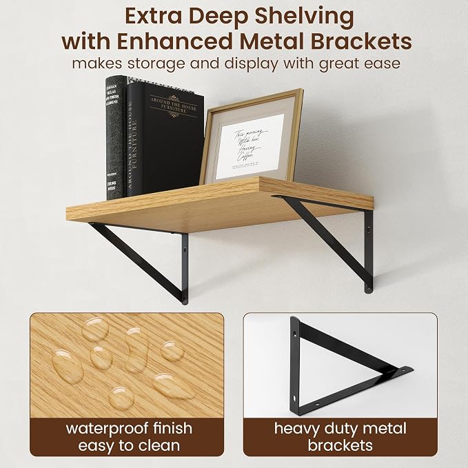 Axeman Deep Floating Shelves - 20 Inch Floating Shelves Set of 2-12 Inch Deep Oak Wall Shelves for Living Room Bathroom Kitchen - Image 5