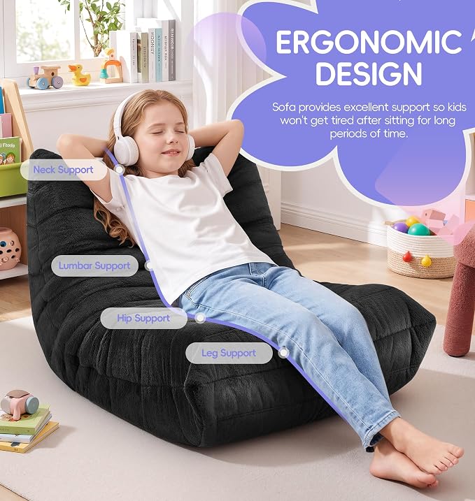 Hobestluk Small Bean Bag Chair Fireside Floor Chair BeanBag Couch Togo Sofa | Ergonomic Design,Memory Foam,No Assembly,Faux Fur Comfy Lounger with Back Support for Gaming Classroom | Black Plush Small - Image 4