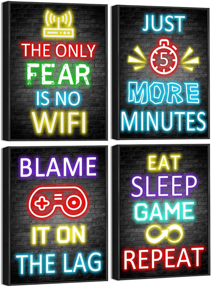 Video Gamer Room Decor for Teen Boys Gaming Wall Art Gamer Neon Sign Teenage Bedroom Decor Ready to Hang Set of 4, 11x14in (Black Framed) - Image 9