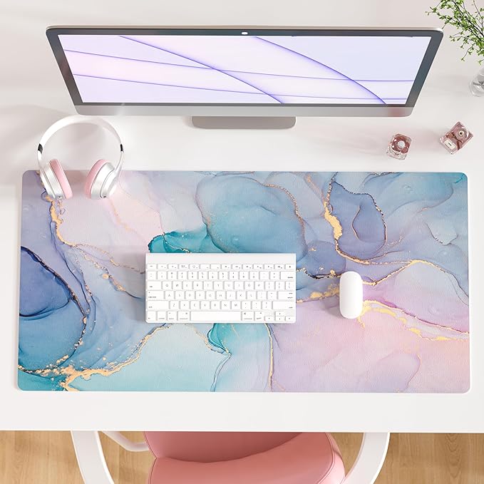 QiyI PU Leather Large Mouse Pad, 31.5" x 15.7", Blue Pink Fluid | Desk Décor Accessories, Extended Size, Waterproof & Easy to Clean, Smooth Surface, Non Slip Desk Organization by QIYI