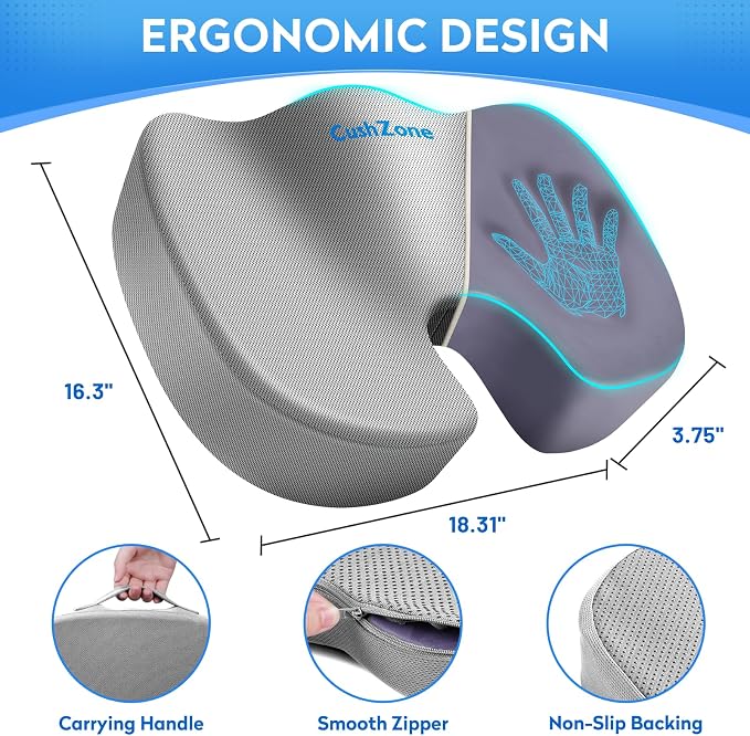 CushZone Memory Foam Seat Cushion for Office Chair & Car, Light Gray | U-shaped Coccyx Cutout, Contoured Design, Breathable Removable Mesh Cover, Non-Slip Base, Carry Handle - Image 2