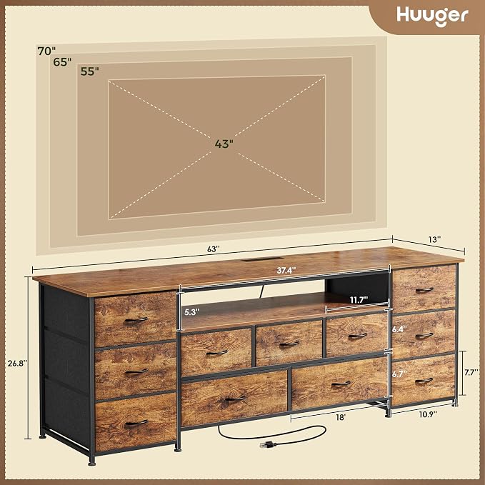 Huuger 63 Inch TV Stand for 65, 70 Inch TV, 11 Drawer Long Dresser with Power Outlets and LED Lights, Entertainment Center with Storage, Rustic Brown Dresser with PU Leather Surface - Image 3