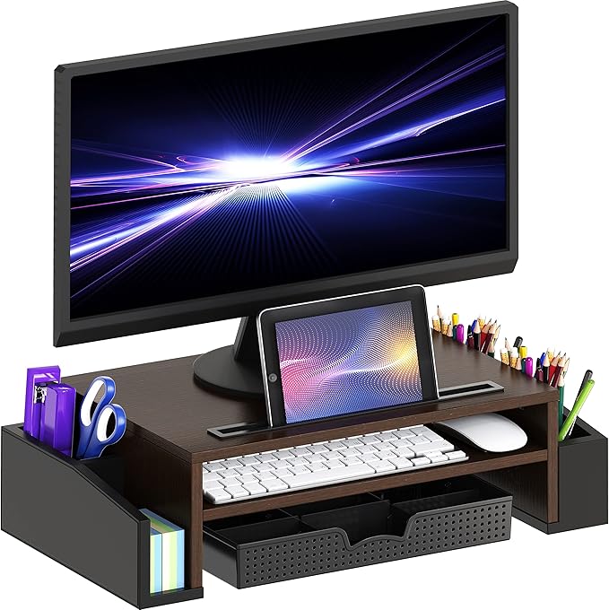 Simple Houseware Desk Monitor Stand Riser w/ Adjustable Tray, Espresso | Built-In Tablet Slot and Side Storage by SimpleHouseware