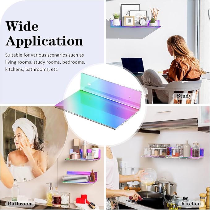 Sezanrpt 9 Inches Iridescent Floating Shelves Acrylic, White Wall Shelves for Living Room Décor, Bedroom, Bathroom, Kitchen, Dining Room, Brand Store, Retails, Gaming Room, 2 Pack - Image 6