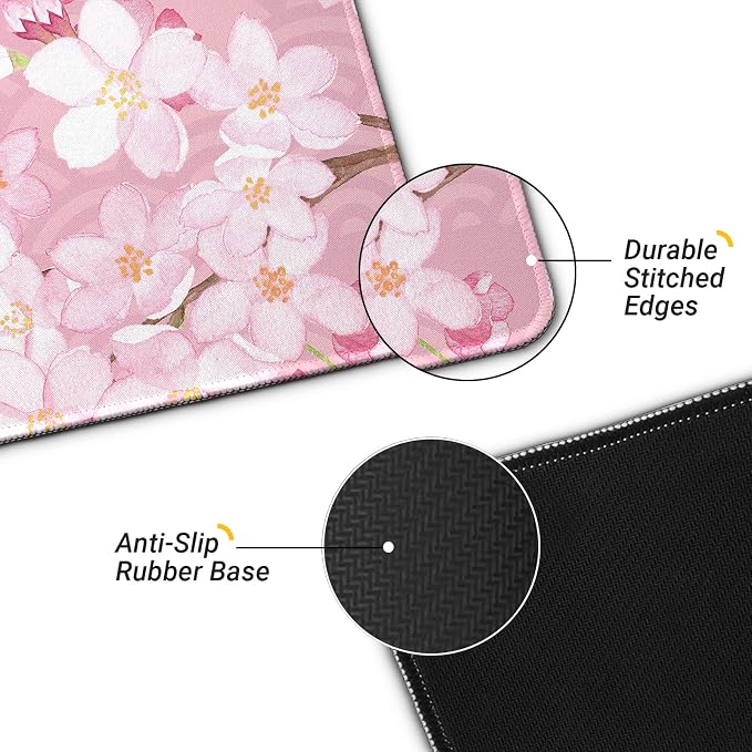 Gaming Mouse Pad with Anti-Slip Rubber Base, Extended Large Computer Mouse Mat with Stitched Edges, Long XL Anime Mousepad for Laptop and Keyboard, 31.5 x 11.8 inch (Pink Cherry Blossom) - Image 4