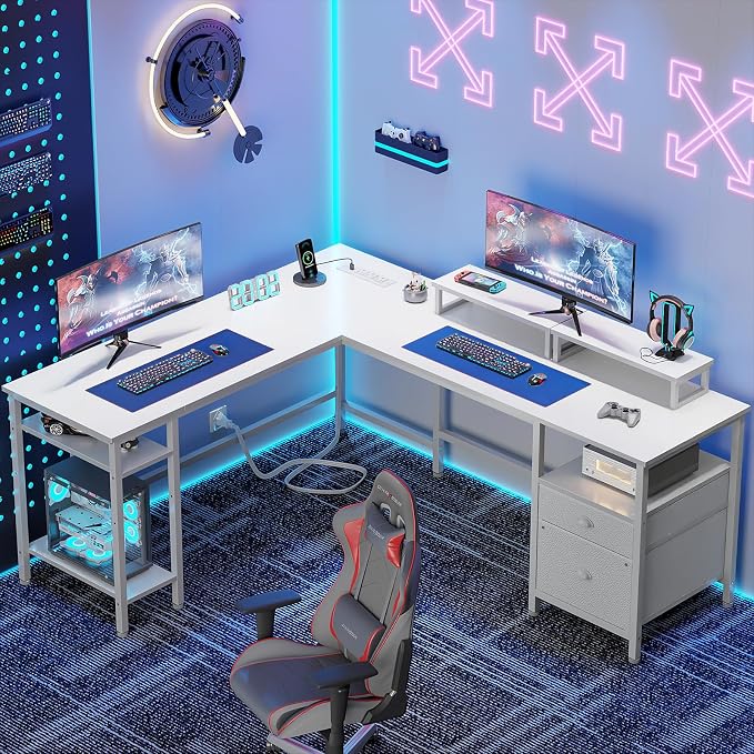 Furologee White 59” L Shaped Desk with Power Outlet, Reversible Computer Desk with File Drawer & 2 Monitor Stands, Corner Home Office Table with Storage Shelves for Gaming Writing - Image 2