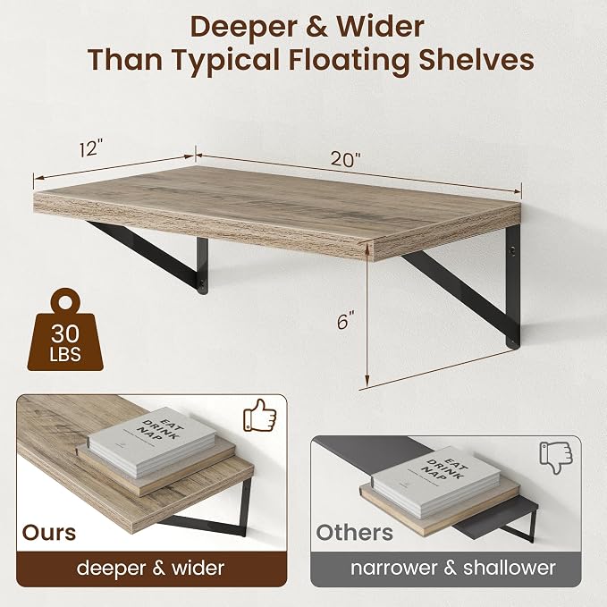 Axeman Deep Floating Shelves - 20 Inch Floating Shelves Set of 2-12 Inch Deep Grey Wall Shelves for Living Room Bathroom Kitchen - Image 3