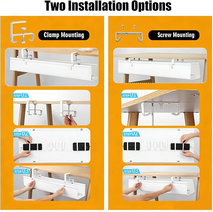 Oxford Cloth Under Desk Cable Management Tray,No-Drill 48" Desk Cable Management Organizer with Clip/Screw Installation,Fabric Cable Management for Home,Office & Gaming Computer(White) - Image 4