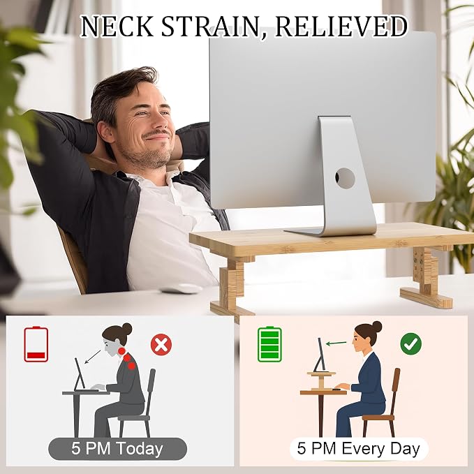 Bamboo Monitor Stand Riser for Desk with 4-Level Height Adjustment | Ergonomic Computer Riser, Desktop Organizer Shelf, Sturdy 100 lbs Support, Height Adjustable Laptop Stand, Warp-Proof, Large - Image 5