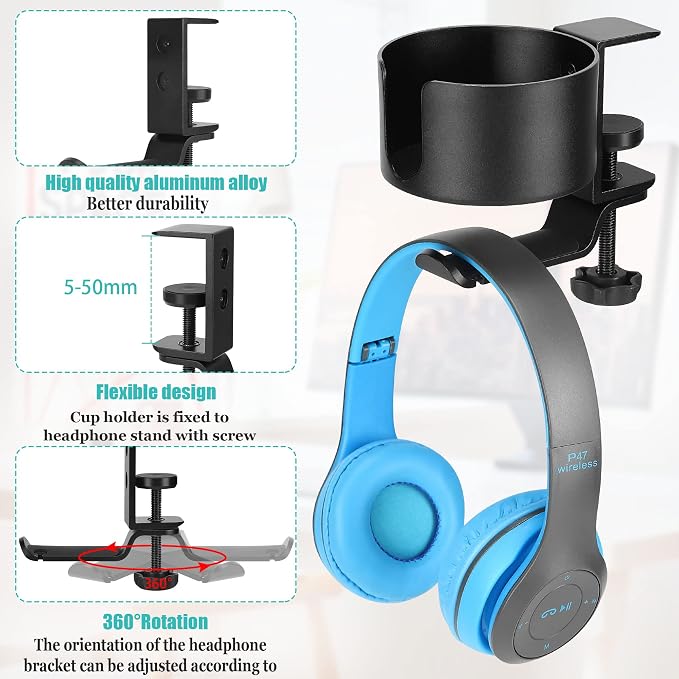 2 in 1 Desk Cup Holder with Headphone Hanger Holder, Anti-Spill Cup Holder-360° Rotation Aluminum Alloy Stand Hook Bearing Capacity 10kg/22lb Suitable for Coffee Mups,Water Cups,Bag,Headphone - Image 3