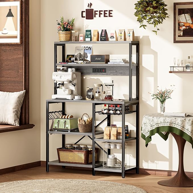 SUPERJARE Bakers Rack with Power Outlet, 35.4 Inches Coffee Bar with Basket - Image 7