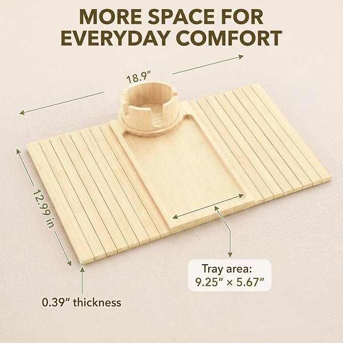 OMEO Couch Cup Holder Tray, 3 in 1 Couch Arm Trays – Large Bamboo Chair Arm Rest Tray with 360° Cup Holder | Removable Anti-Slip Organizer for Snack Eating - Image 2