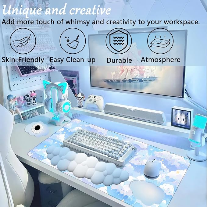 Blue Cloud Mouse Pad and Keyboard Wrist Rest 4PCS Extended Large Stars Desk Mat Pad Set Memory Foam Non-Slip Ergonomic Cute Gaming Mouse Pad Wrist Support for Computer Laptop Home Office - Image 2
