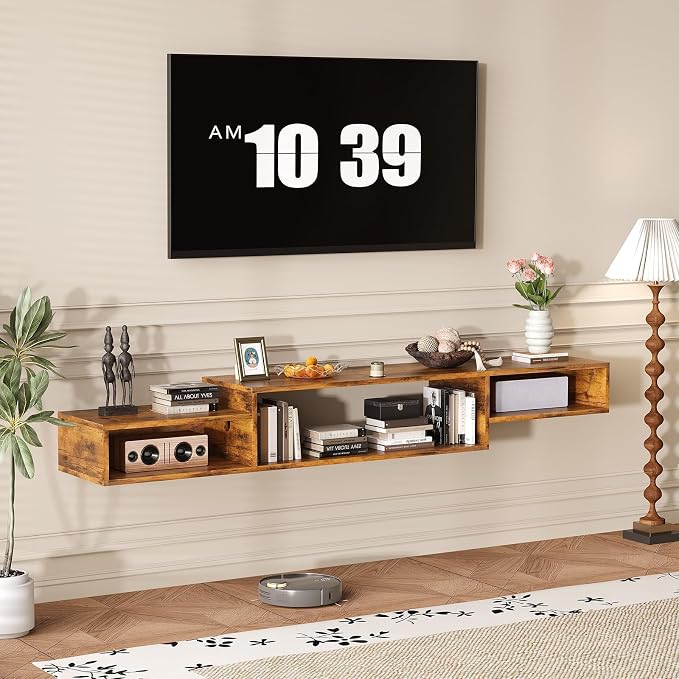 59 Inch Floating TV Stand, Wall Mounted Entertainment Center, Rustic Brown by 4EVERWINNER