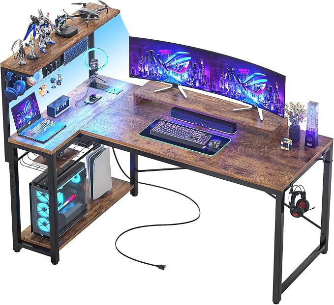Homieasy Small Gaming Desk with Power Outlets Pegboard LED Light, 51 Inch L Shaped Computer Desk with Monitor Stand Storage Shelves, Reversible Corner Desk with Headset Hooks, Rustic Brown by Homieasy