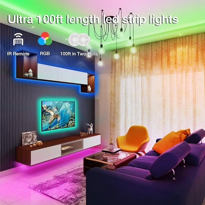 DAYBETTER Led Lights for Bedroom 100 ft, Led Strip Lights with Remote 44 Keys, 24 V Power Supply, Color Changing Led Light for Room Decor - Image 2