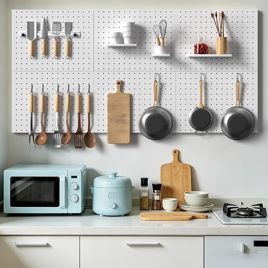 Pegboard Organizer 6 Pack 15.7'' x 11.8'' Metal Peg Board Wall Control Pegboard for Garage Gaming Room Entryway Kitchen Tool Storage, White - Image 6