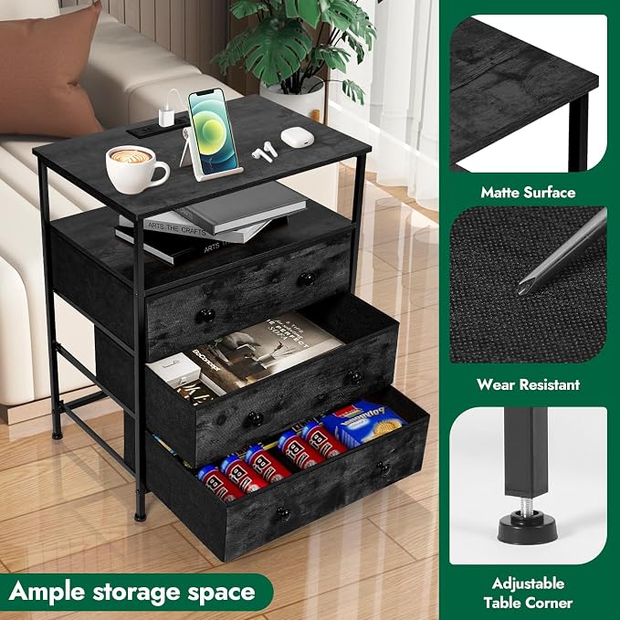 3-Drawer LED Nightstand Set 2 with Charging Station, Black - Image 4