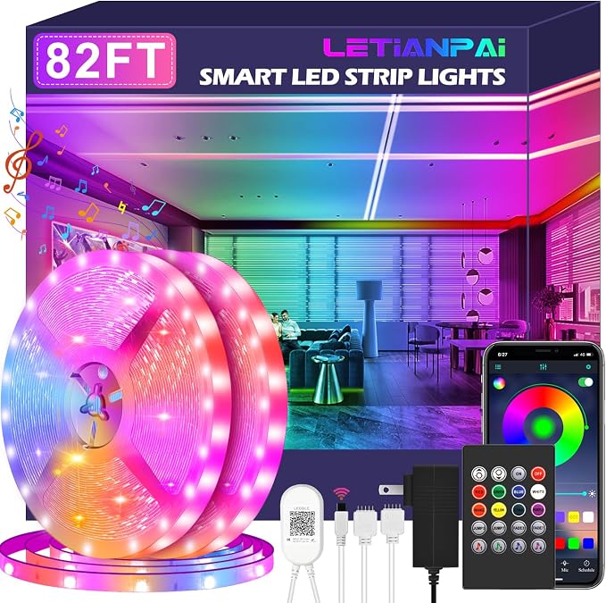 LETIANPAI Led Strip Lights, 82ft/25m Long Smart Led Light Strips Music Sync 5050 RGB Color Changing Rope Lights,Bluetooth APP/IR Remote/Control Led Lights for Bedroom,Home Decoration,Party,Festival by LETIANPAI