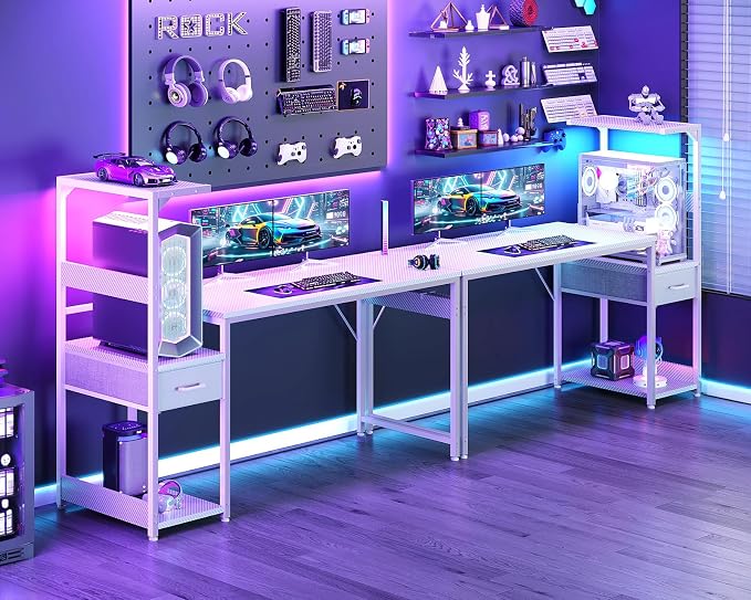 Casaottima 54'' Gaming Desk with LED Lights & CPU Stand, Reversible Computer Desk with Storage Shelves & Fabric Drawer, Modern PC Gamer Table with Headphone Hook, Carbon Fiber White - Image 6