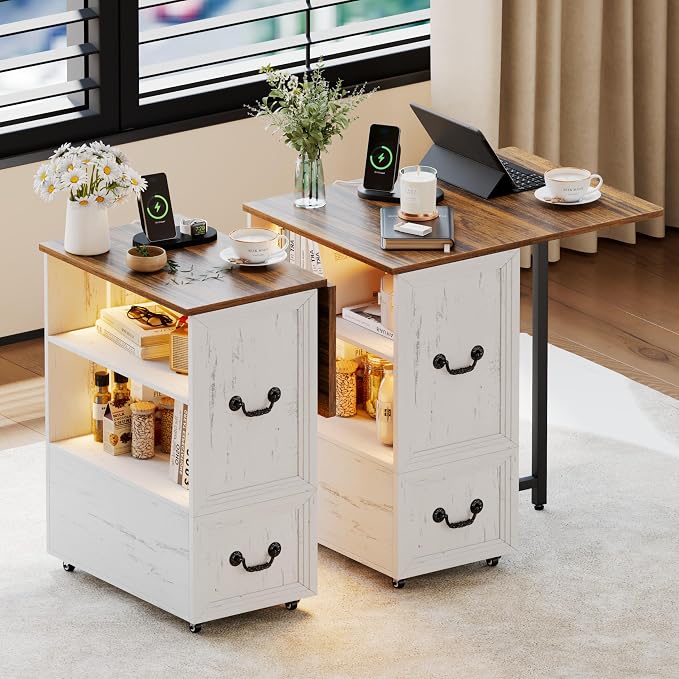 Dystler Rolling Side Table Set of 2 on Wheels, with Charging & LED Lights by CraftYourIdealHomeLife
