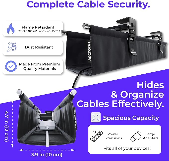 Ascrono Original No Drill Under Desk Cable Management Tray 14.1" - Premium Black Fabric Cable Management Under Desk - Clamp/Screw Mount Cord Organizer - Supports Upto 66lbs - Image 6