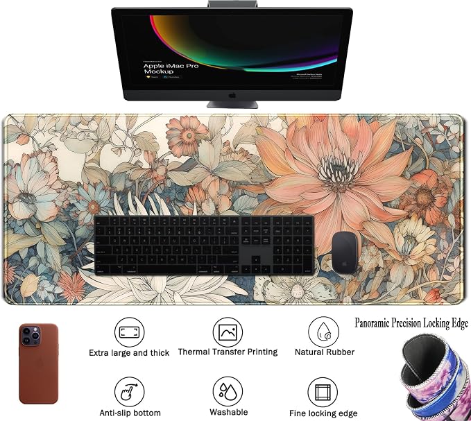 Japanese Minimalist Floral Desk Mat Aesthetic Flowers XL Large Extended Gaming Mouse Pad with Stitched Edges, Big Laptop Computer Keyboard and Mouse Mat for Girl Women Office Decor 31.5x11.8 in - Image 3