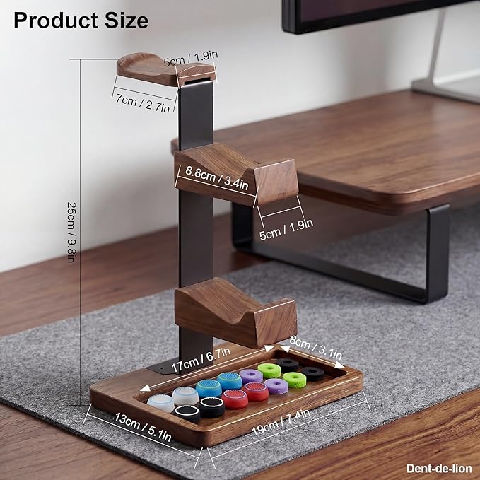 2-in-1 Solid Wood Headset Stand with Dual Game Controller Holder | Gaming Headphone Stand with Storage Base, 6 Joystick Sponge Rings and 8 Thumb Grips Gaming Equipment Accessories for Desk - Image 3