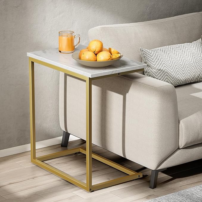 Pipishell C Shaped End Table 27 inches High, Side Table with Modern Marbling Wood Table Top for Couch Slide Under, C Table Sofa Side End Table for Living Room - Image 2