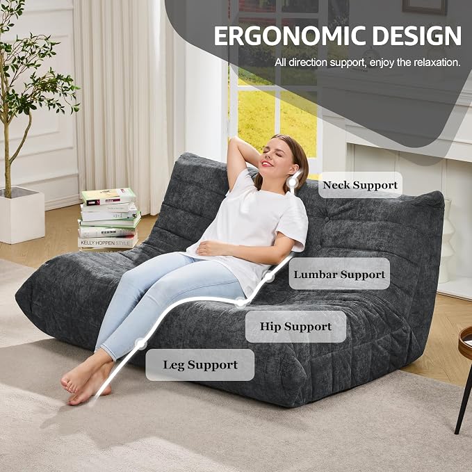 Hobestluk Large Bean Bag Chairs for Adults Fireside BeanBag Couch Togo Sofa | Ergonomic Design,Memory Foam,No Assembly,Faux Fur Fireside Lounge Floor Chair Back Support Dorm | Darkgrey Chenille Loveseat - Image 5