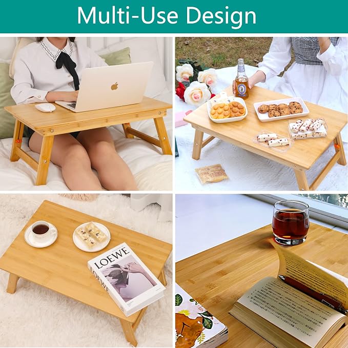 Lap Desk for Bed, COIWAI Bed Desk Bed Table Tary, Low Desk Table, Folding Floor Table, Adjustable Height, Portable Foldable Picnic Desk,Serving Breakfast Coffee in Bed Couch Floor .Bamboo - Image 2