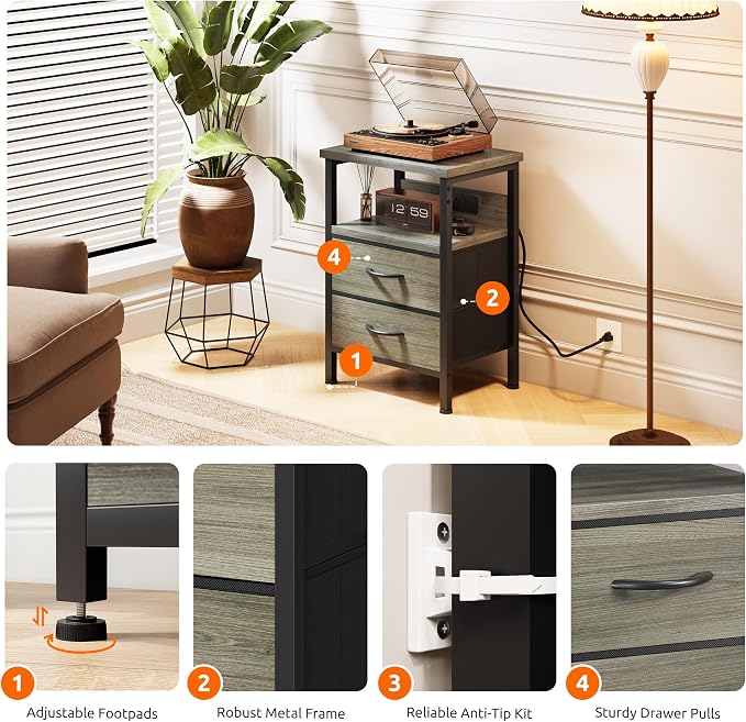 Lazzanto Night Stand with Charger Station, 2 Fabric Drawers, Grey - Image 7