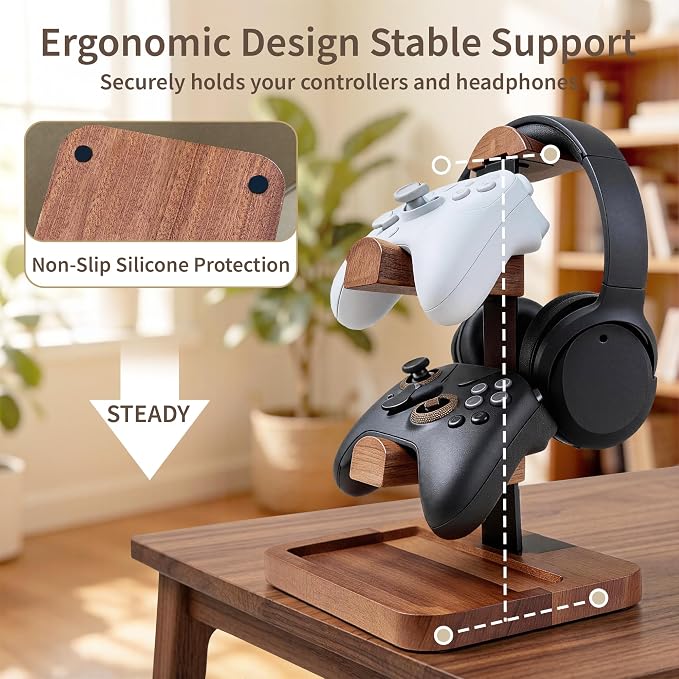Solid Wood Headphone Stand with Controller Holder, Space-Saving Dual Hanger & Gamepad Organizer for Desktop, Gaming Desk Accessories with Stable Base Storage - Image 3