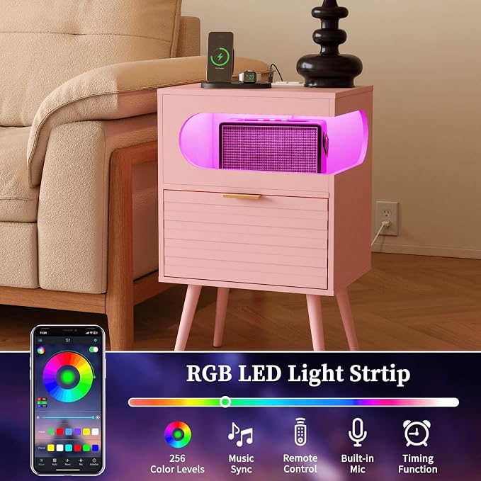 Veegle Nightstand,Modern Bedside Table with Storage Drawer and Open Wood Shelf, Accent Night Stand with Solid Wood Legs for Living Room, Bedroom and Small Spaces,Easy Assembly (Pink-1) - Image 6