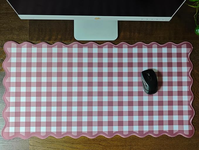 Scalloped‌ Dark Pink Checkered Gingham Desk Mat Cute Pastel Large Mouse Pad Kawaii Cottagecore ‌Vintage‌ Rustic Keyboard Pad Computer Mat for Desktop Aesthetic Cozy Office Desk Decor - Image 6