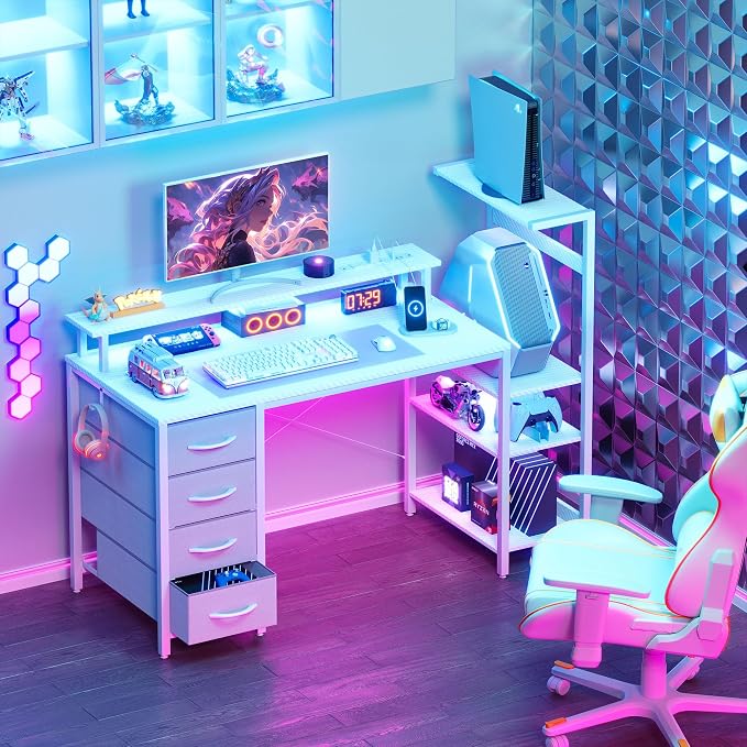 51 Inch Gaming Desk with Drawers & PC Tower Stand & LED Lights, White - Image 3
