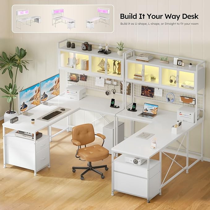 DurayLoly 67" L Shaped Gaming Desk for Dual Monitor, White | Deep Drawers for Extra Storage, Grid Pegboard for Flexible Hanging, RGB-lit Cabinet for Collectibles Display - Image 6